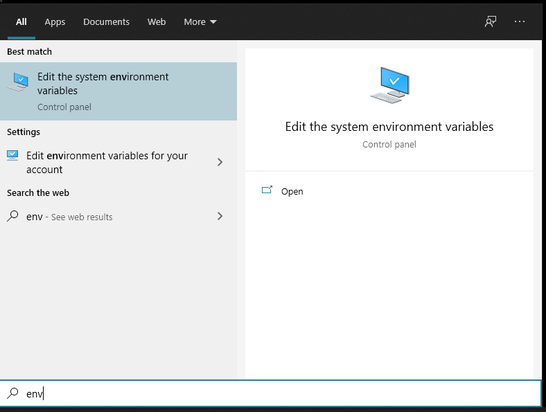 A screenshot of the search results for 'env'. A screenshot of the search results for 'env'.